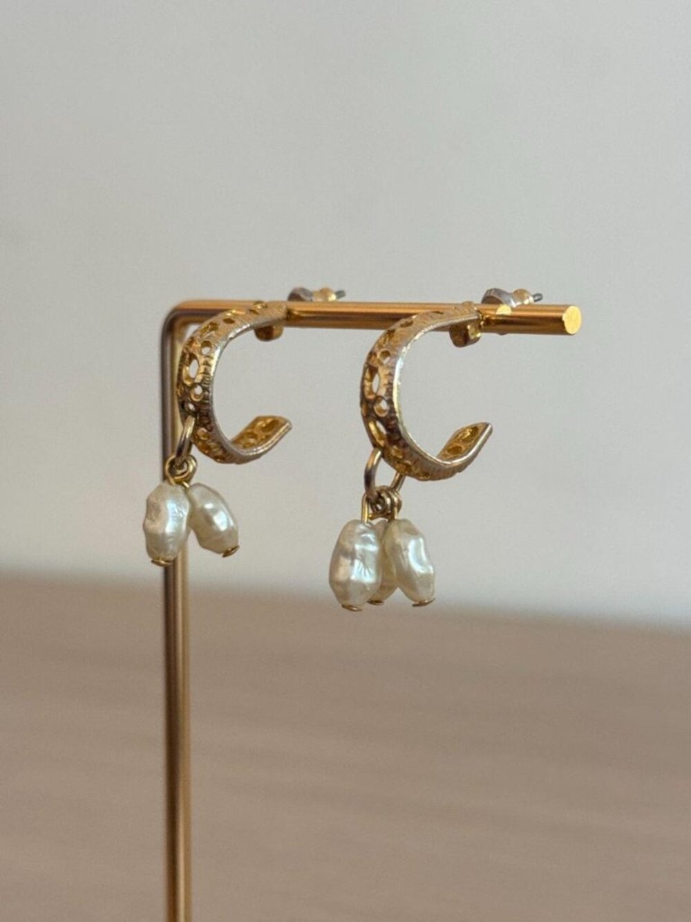 Gold Pearl Cluster Huggie Hoop Earrings